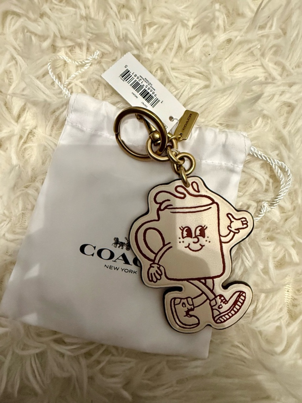 Coach Cream Leather Character Keychain Charm with Gold Hardware